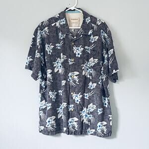 Tommy Bahama Silk Hawaiian Shirt XL Gray Blue Short Sleeves Beach Preppy